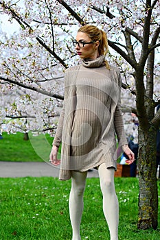 Young girl posing in the sakura garden