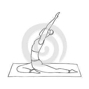 A young girl practices Hatha yoga. Indian culture. Gymnastics, healthy lifestyle. Doodle style. Black and white vector