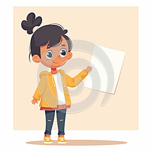 Young girl presenting blank paper sheet, smiling cartoon character, school presentation. Child