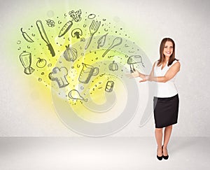 Young girl presenting nutritional cloud with vegetables