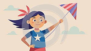 A young girl proudly holding a kite with a liberation symbol on its tail.. Vector illustration.