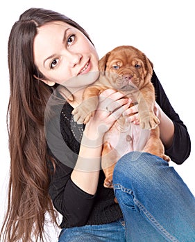 Young girl with puply of Dogue de Bordeaux photo