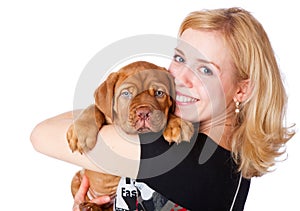 Young girl with puppy of Dogue de Bordeaux