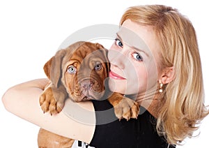 Young girl with puppy of Dogue de Bordeaux