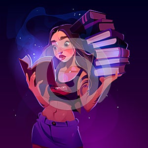 Young girl reading book with magic glow, education