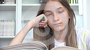 Young Girl Reading Books, Student Child in School Library, Teenager Kid Studying Learning in Classroom, Adolescents Education