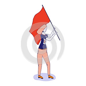 Young girl with red hair waving a red flag. The concept of revolution, protest. Vector illustration, blue line, in cute cartoon