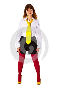 Young girl in red stockings and a yellow tie