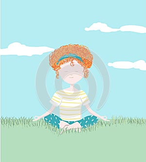 Young girl relaxing in the garden with yoga position