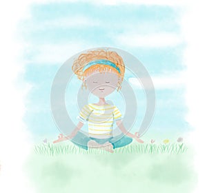 Young girl relaxing in the garden with yoga position - Hand painted in digital watercolor illustration isolated on white