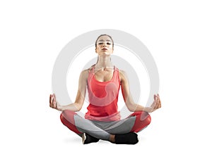 Young girl relaxing in yoga position. Isolated on white background