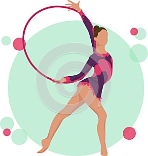 Young girl rhythmic gymnastics with hoops vector illustration. Training performance strength gymnastics. Championship workout