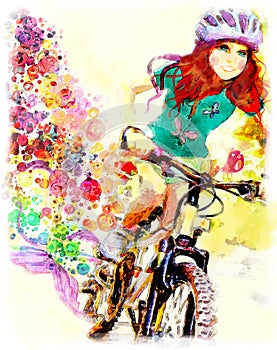 Young girl rides bicycle. Watercolor