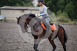 Young girl riding bay horse on equestrian sport training