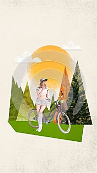 Young girl riding bicycle on mountains, travelling, doing active sports in nature. Contemporary art collage