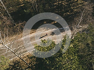 Young girl riding on a longboard skate on a road through a forest.