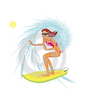 Young girl is riding a surfboard inside a wave. Fishboard. Summer sunny day at the sea photo
