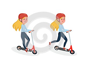 Young Girl riding two-wheeled electric scooter. Female character in different poses. Vector Isolated cartoon illustration