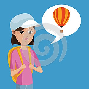 Young girl rucksack travel airballoon photo
