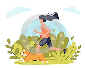 Young girl running with dog in park. Stock vector. Sport and activity with dogs, healthy lifestyle.