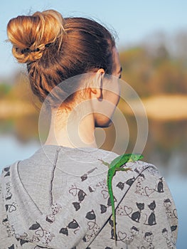 Young girl running at the forest happy