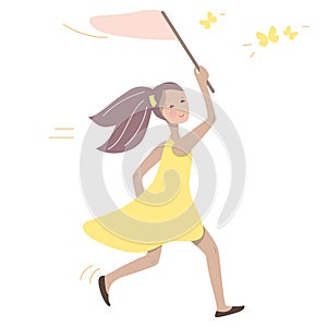 Young girl running after spring butterflies. Can be used as festive and spring illlustration
