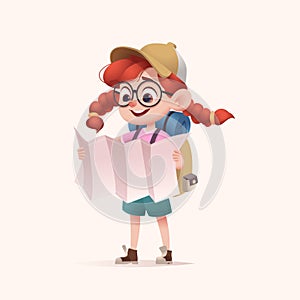 Young girl scout with backpack holdilding road map. Modern cartoon 3D style vector illustration.