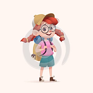 Young girl scout with backpack standing. Modern cartoon 3D style vector illustration.