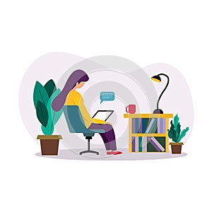 A young girl seat on a office chair and using laptop in her room, remote work place, relaxing work, work from home illustration co
