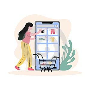 Young girl shopping from online illustration concept. Young girl purchases cloths on the background of a mobile phone with an open