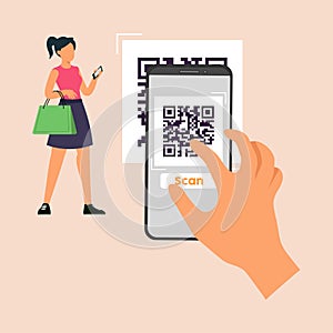 Young girl shopping and paying with barcode in smartphone.