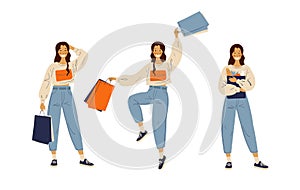 Young girl shopping, sale concept. Modern young woman with purchases, different packages and in her hands. Flat cartoon