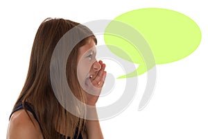 Young girl shouting with speech bubble and copyspace