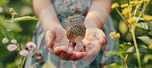 Young girl showing care by cradling a tiny bird, symbolizing animal welfare and protection