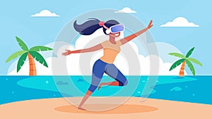 A young girl showing off her dance moves on the beach her VR headset providing her with a virtual dance class.. Vector