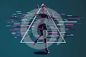 Young girl silhouette with glitch style effect. Dancing woman modern style illustration. Female hologram digital art