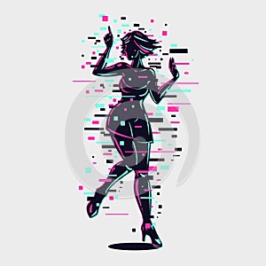 Young girl silhouette with glitch style effect. Dancing woman modern style illustration. Female hologram digital art