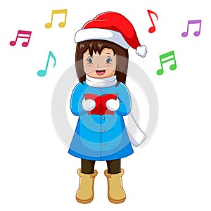 Young Girl Singing Christmas Carols. Vector Cartoon Illustration