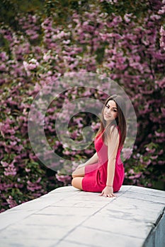 Young girl sist in front of sakura tree. Spring outside. Blossom tree