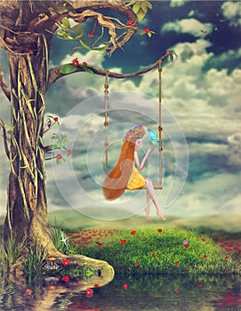 Young girl sit on a swing in the forest