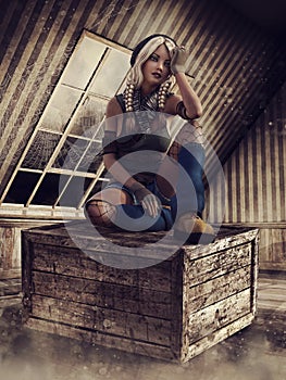 Young girl sitting in an attic