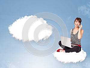 Young girl sitting on cloud and thinking of abstract speech bubble with copy space