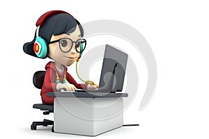 Young girl sitting in a cozy armchair with a laptop in headphones, ai generation