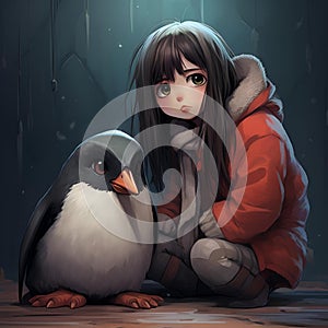 a young girl sitting on the floor next to a penguin