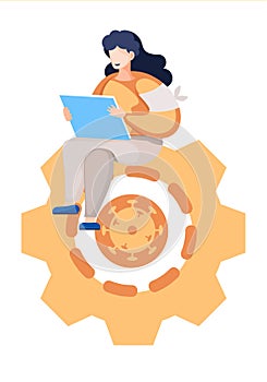 Young girl sitting on the gearwheel with laptop serfing internet, typing, writing a message