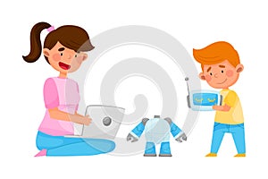 Young Girl Sitting with Kid and Configuring Robot with Laptop Vector Illustration