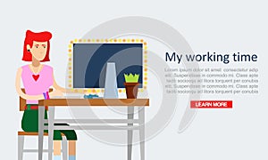 Young girl sitting in office and working on laptop looking at screen, vector cartoon illustration. Business lady or