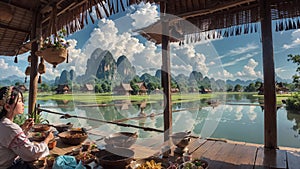 Young girl sitting in the pavilion, gazing out at the expansive green fields and farmhouses against the majestic mountain