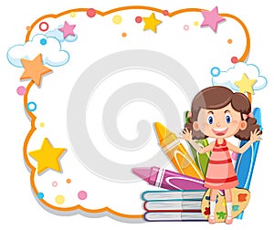 A young girl sitting on a stack of books