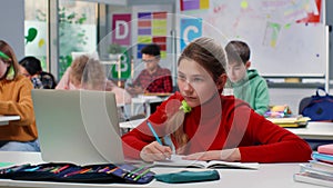 Young girl sitting and studying together using a laptop in an indoor classroom setup